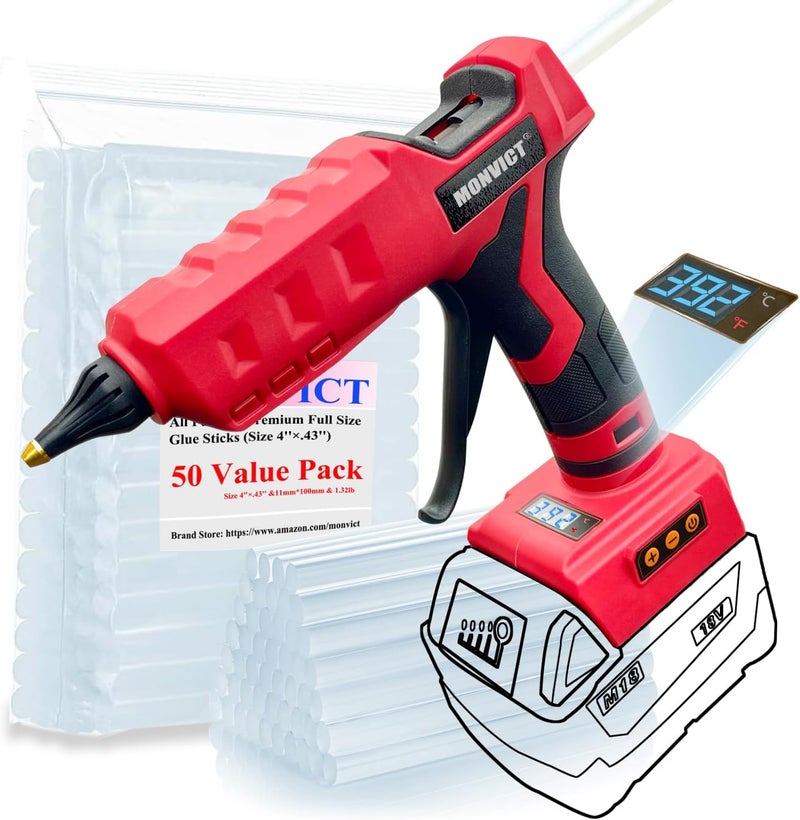 MONVICT Cordless Glue Gun for Milwaukee 18V Battery with 50 Glue Sticks, 100W Upgraded Digital Temperature Adjustable Handheld Electric Power Full Size Heavy Duty Hot Glue Gun (Tools only) - Image 1